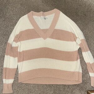 American Eagle Outfitters Pink and White V-Neck Sweater